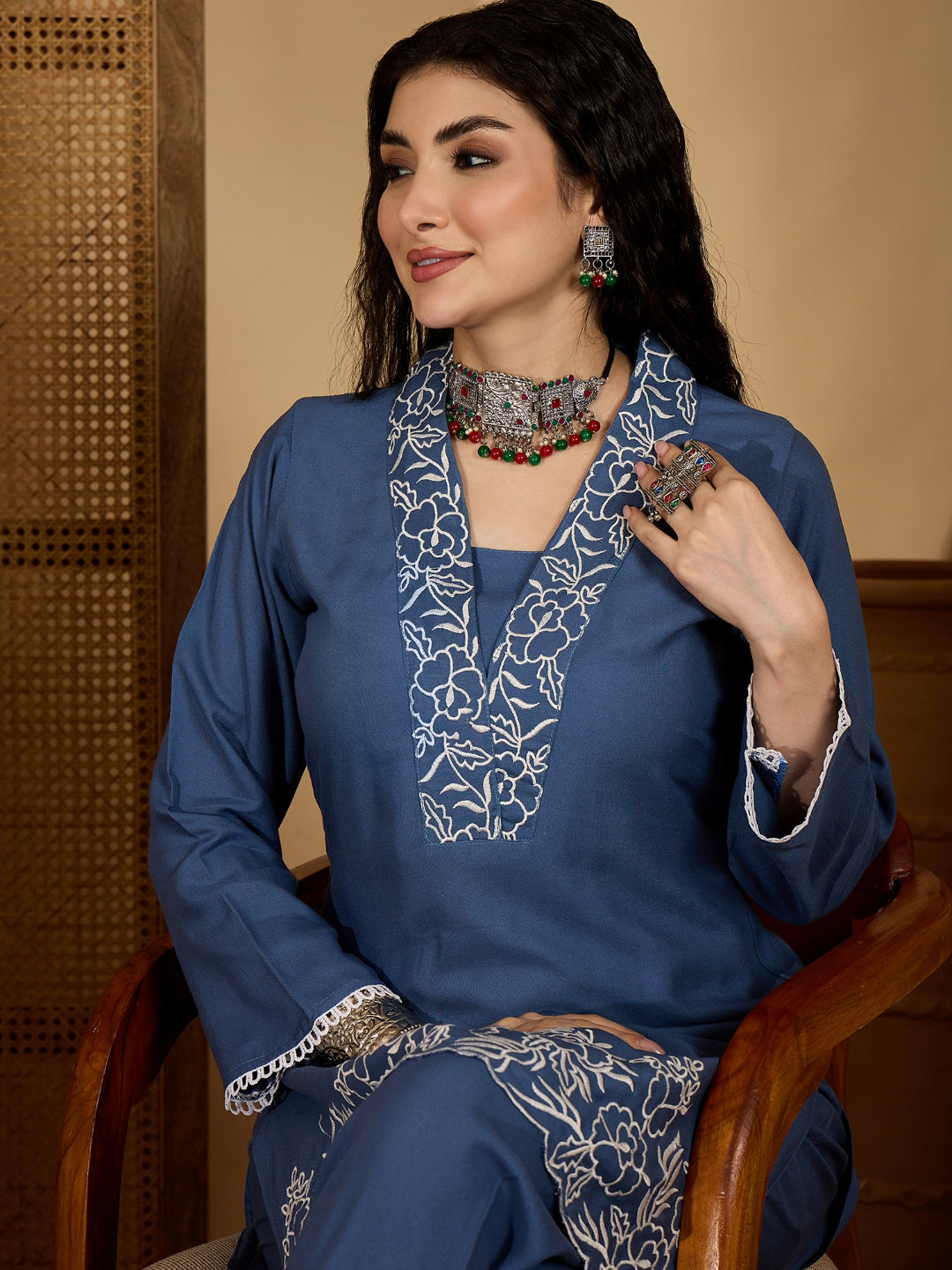 Solid & Embroidered Rayon Co-Ord Set