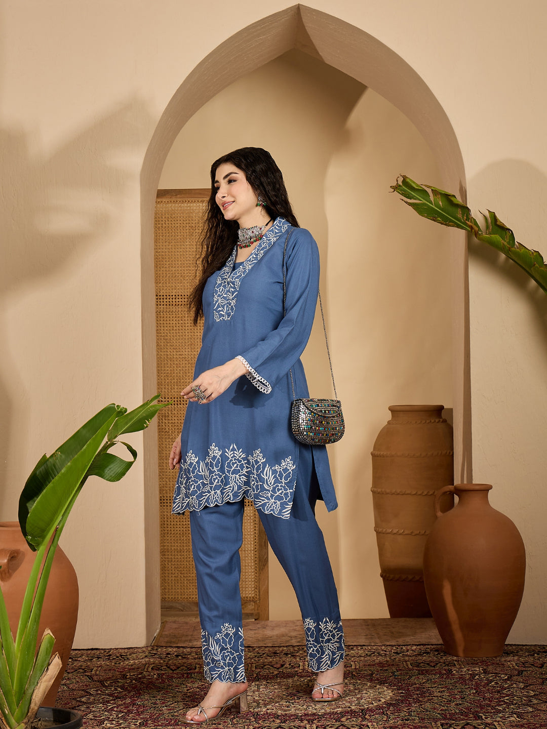 Solid &amp; Embroidered Rayon Co-Ord Set