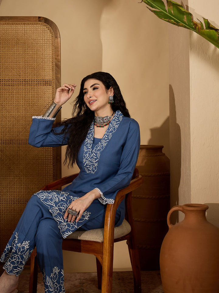 Solid &amp; Embroidered Rayon Co-Ord Set