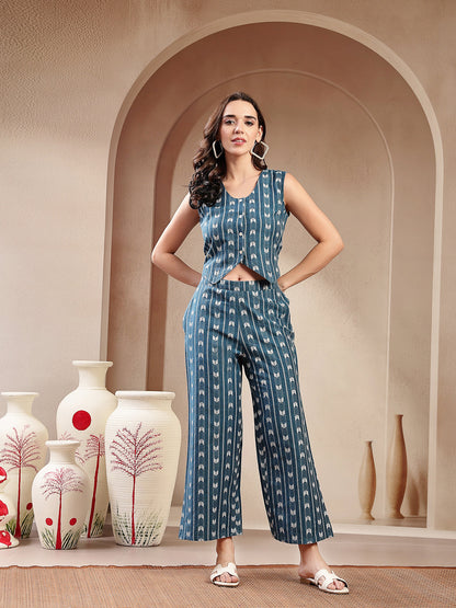 Blue Woven Design Cotton Blend Co-Ord Set (Pre-Order)