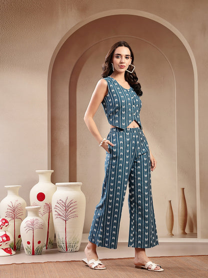 Blue Woven Design Cotton Blend Co-Ord Set