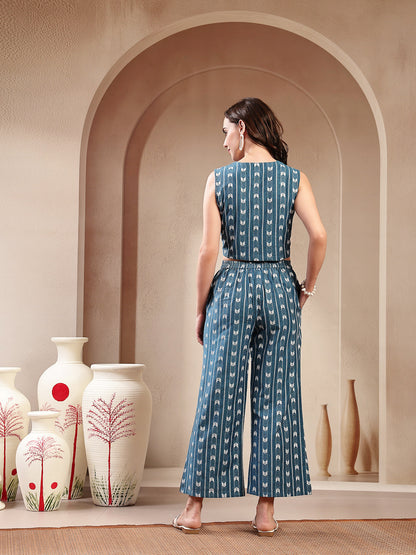 Blue Woven Design Cotton Blend Co-Ord Set