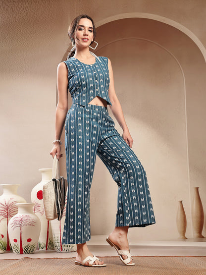 Blue Woven Design Cotton Blend Co-Ord Set