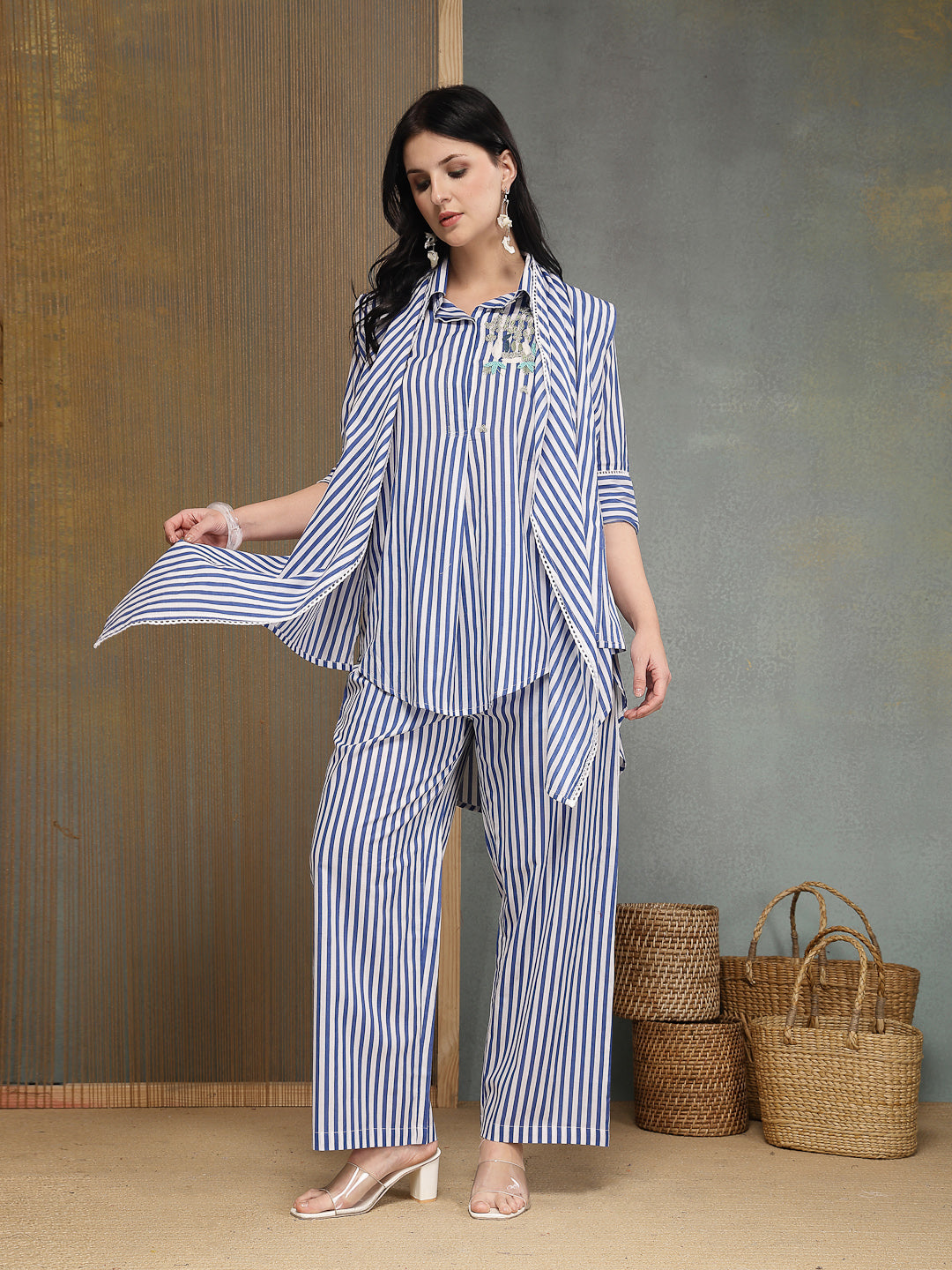 Striped Printed Cotton High-Low Co-Ords Set