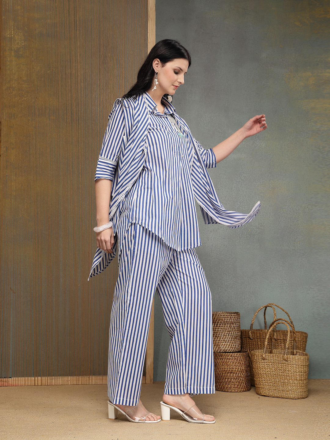 Striped Printed Cotton High-Low Co-Ords Set