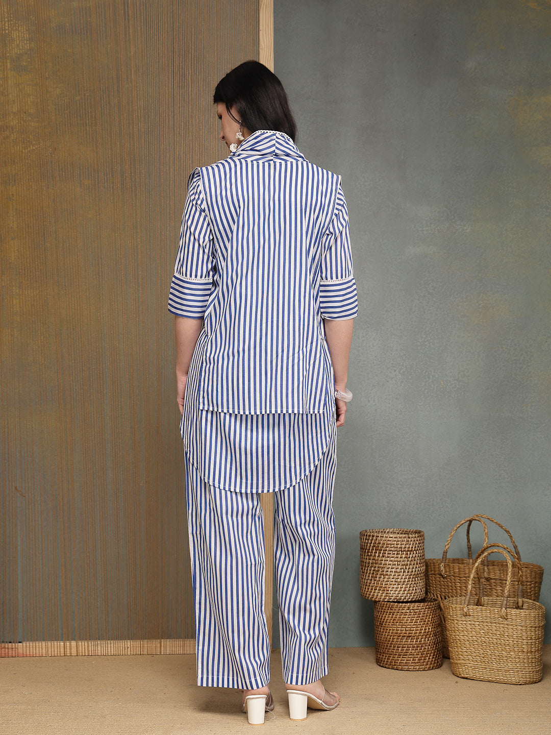 Striped Printed Cotton High-Low Co-Ords Set