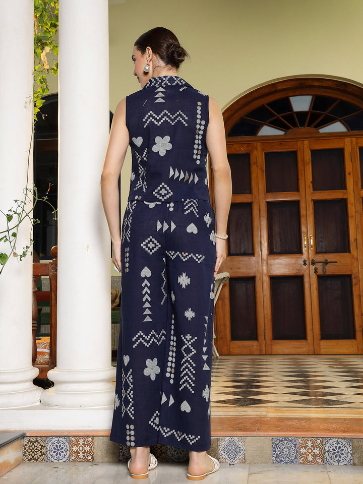 Blue Geometric Printed Rayon Slub Co-Ord Set