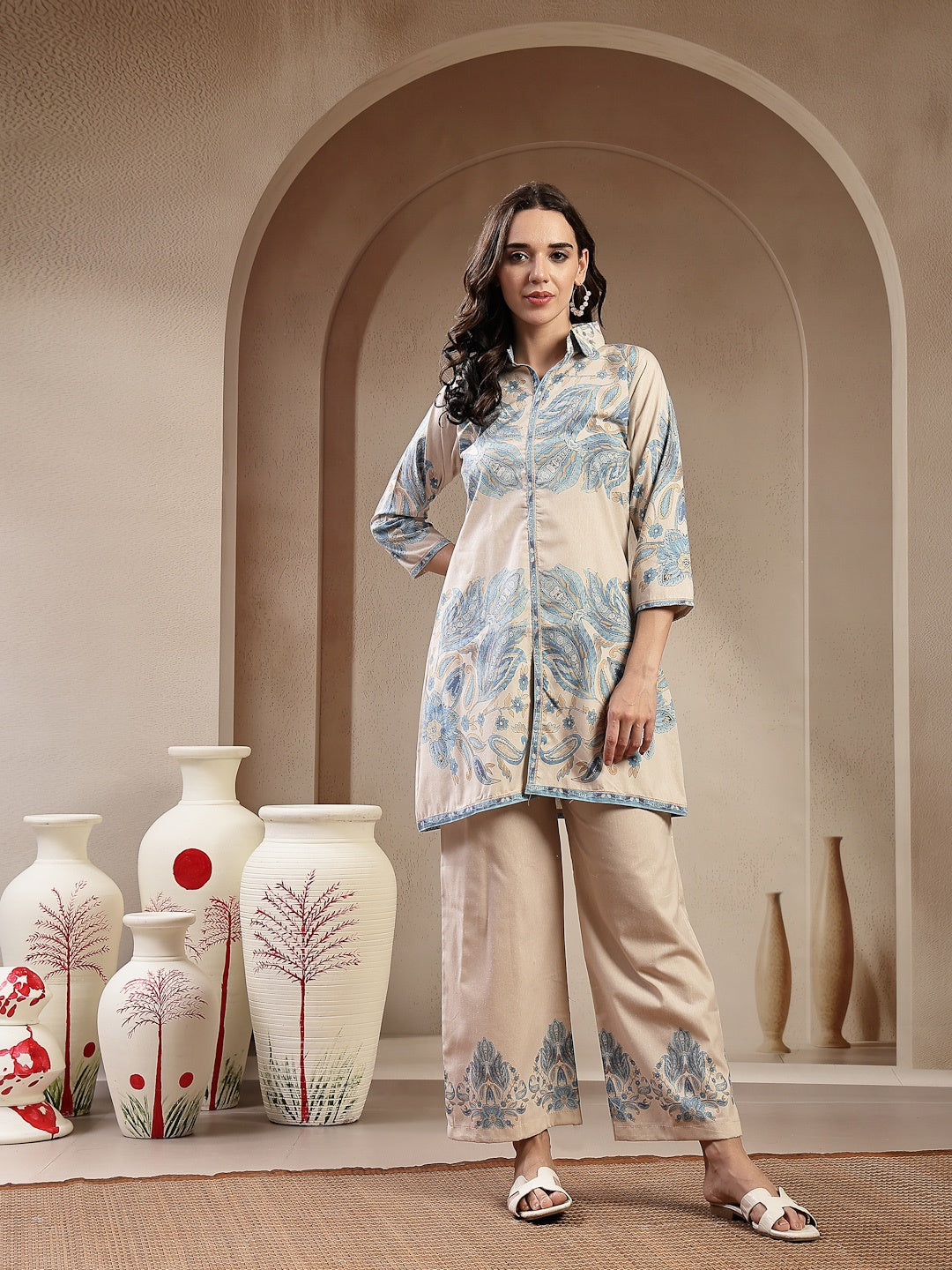 Blue Paisley Printed Cotton Blend Co-Ord Set