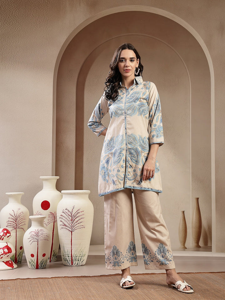 Blue Paisley Printed Cotton Blend Co-Ord Set