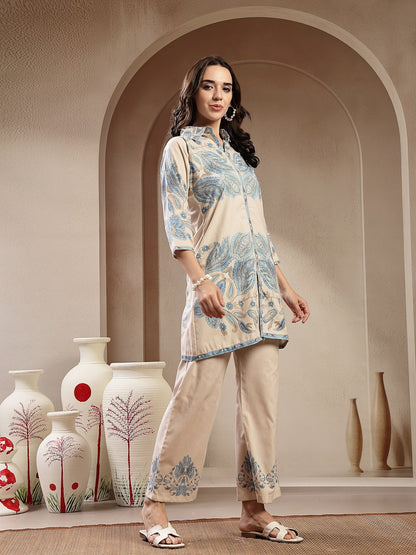 Blue Paisley Printed Cotton Blend Co-Ord Set