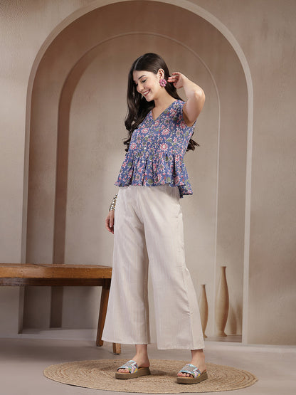 Blue Floral Printed Katha Cotton Co-Ord Set