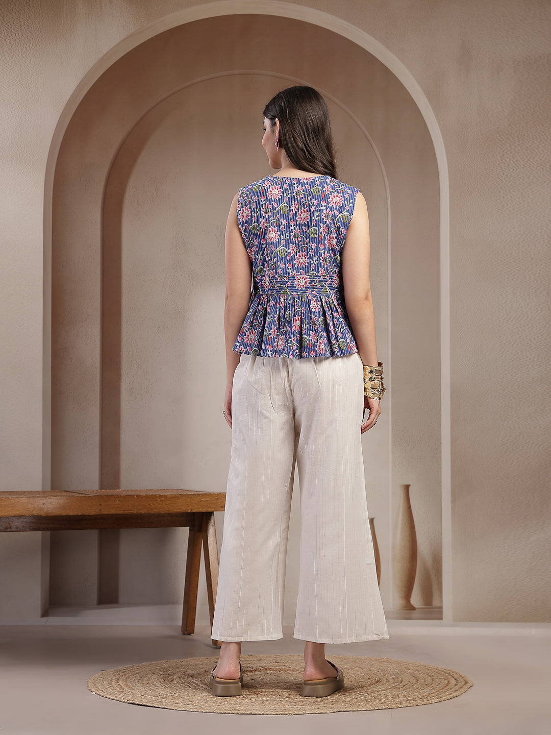 Blue Floral Printed Katha Cotton Co-Ord Set