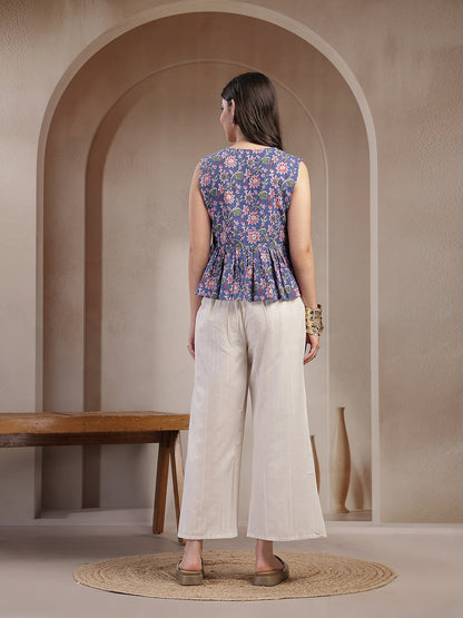 Blue Floral Printed Katha Cotton Co-Ord Set