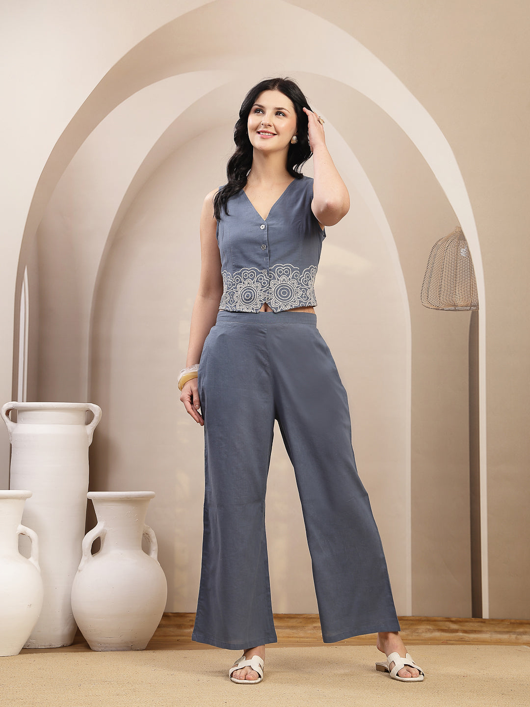 Solid &amp; Embroidered Cotton Co-Ord&
