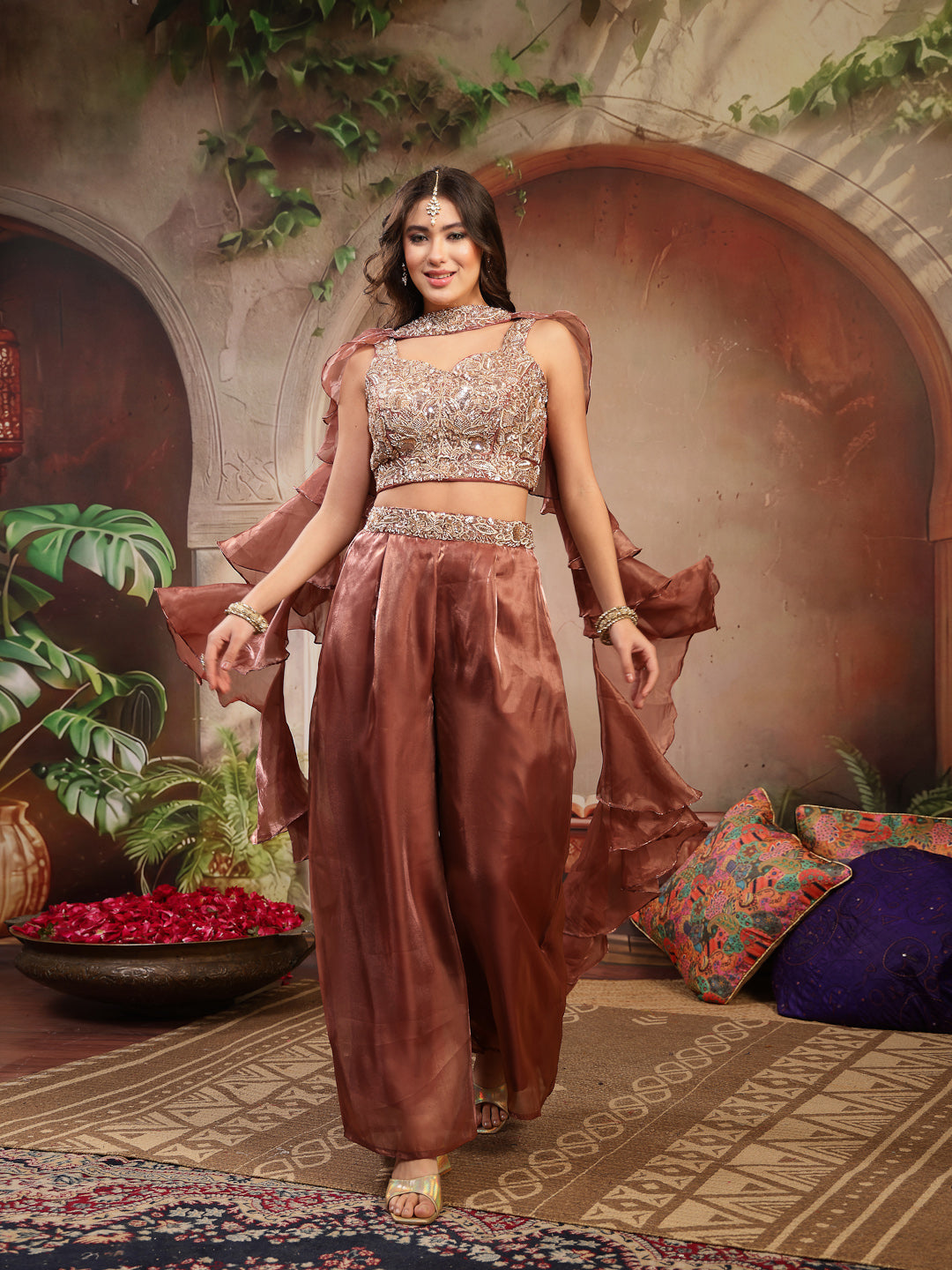 Solid &amp; Embroidered Organza Co-Ord&