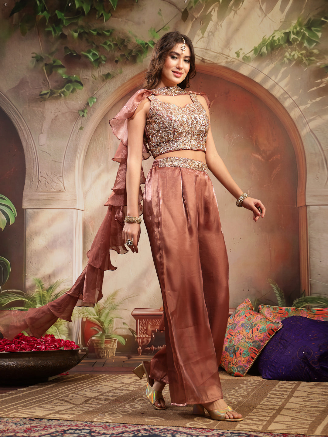 Solid &amp; Embroidered Organza Co-Ord&