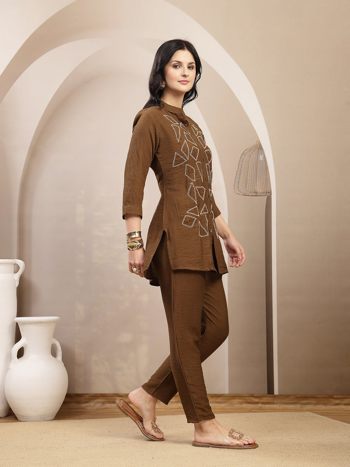Solid &amp; Embroidered Acrylic Straight Co-Ord Set