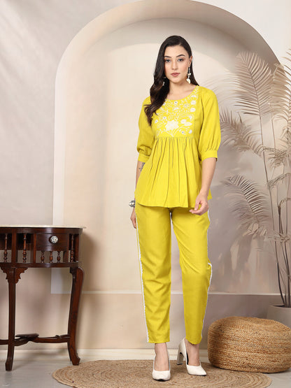 Corn Solid & Embroidered Cotton Co-Ord Set