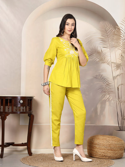 Corn Solid & Embroidered Cotton Co-Ord Set