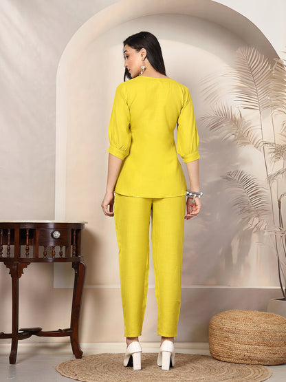 Corn Solid & Embroidered Cotton Co-Ord Set
