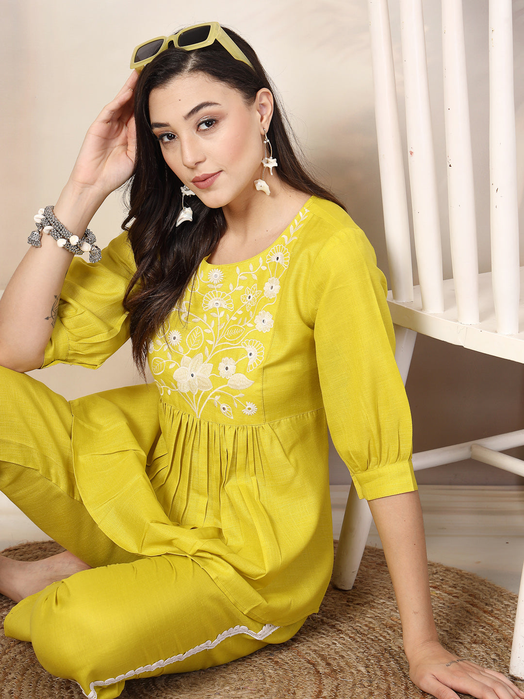 Corn Solid &amp; Embroidered Cotton Co-Ord Set