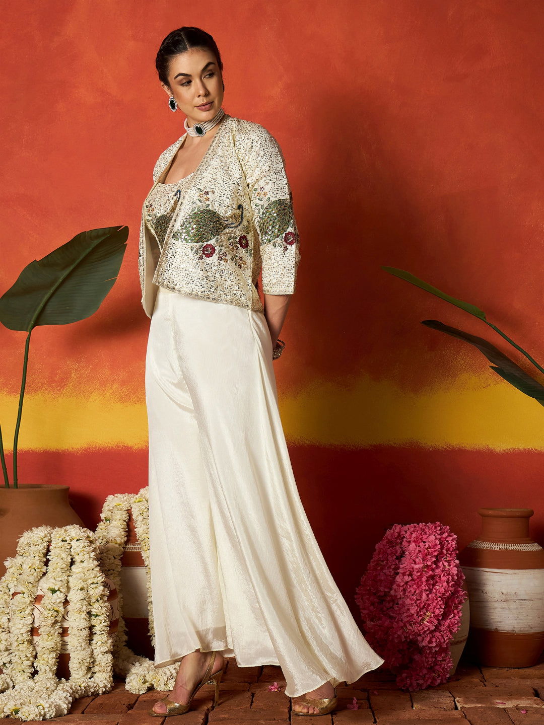 Solid &amp; Embroidered Silk Blend Co-Ord Set