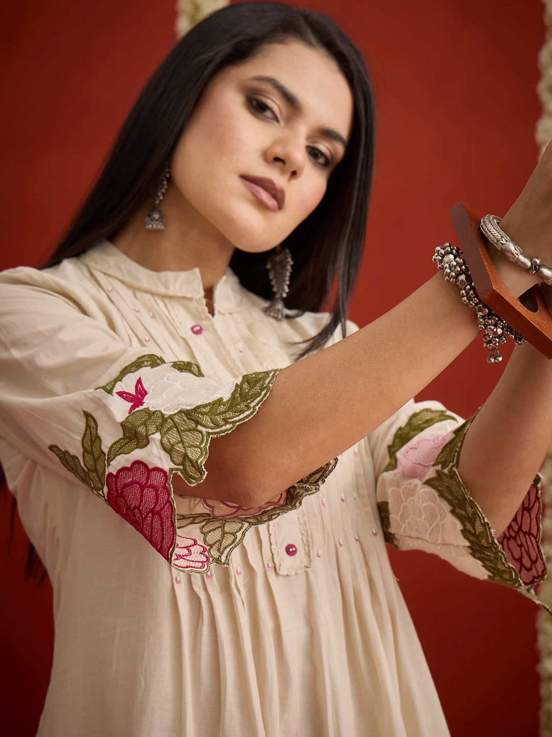 Solid &amp; Embroidered Pure Cotton Co-Ord Set