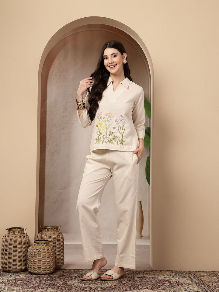 Cream Solid &amp; Embroidered Cotton Co-Ord Set
