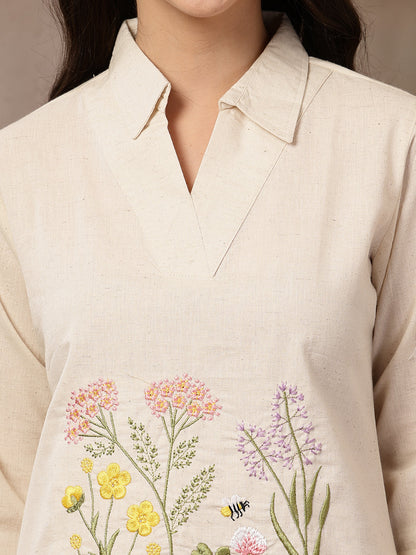 Cream Solid & Embroidered Cotton Co-Ord Set