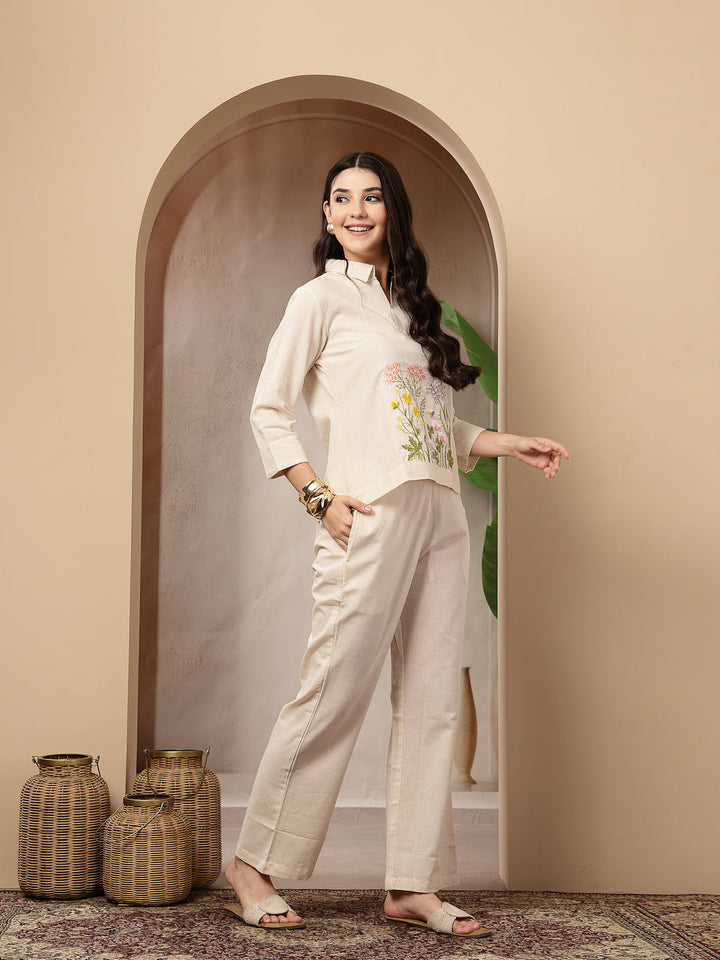 Cream Solid &amp; Embroidered Cotton Co-Ord Set