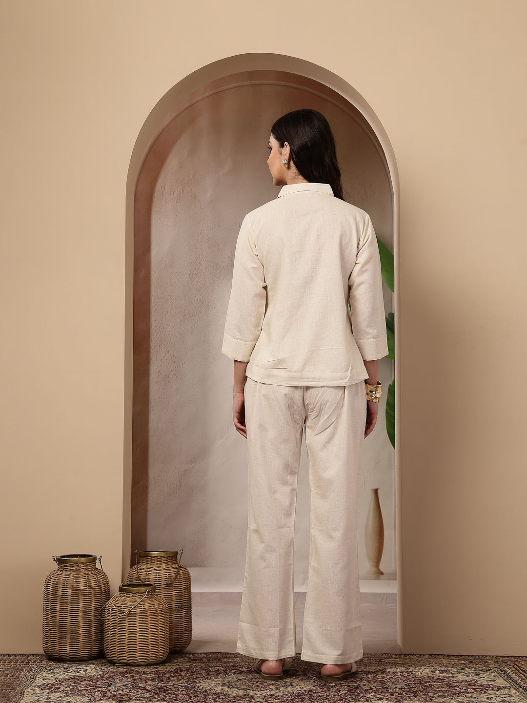 Cream Solid &amp; Embroidered Cotton Co-Ord Set
