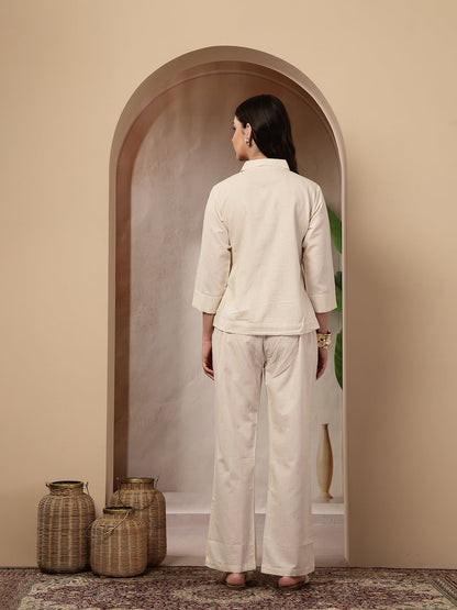 Cream Solid & Embroidered Cotton Co-Ord Set