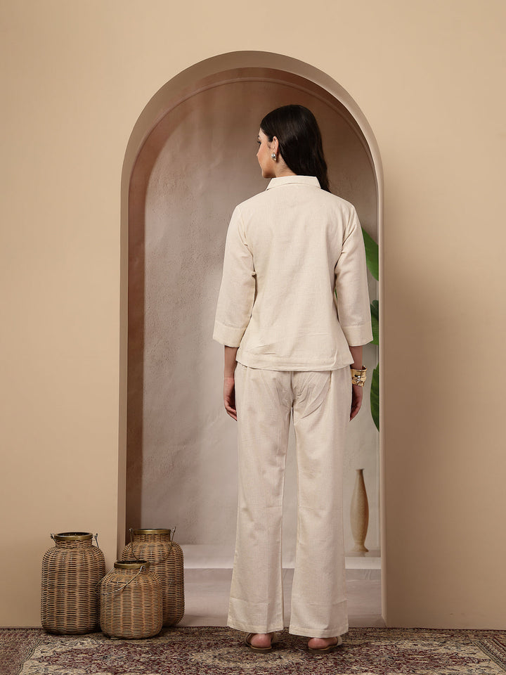 Cream Solid &amp; Embroidered Cotton Co-Ord Set