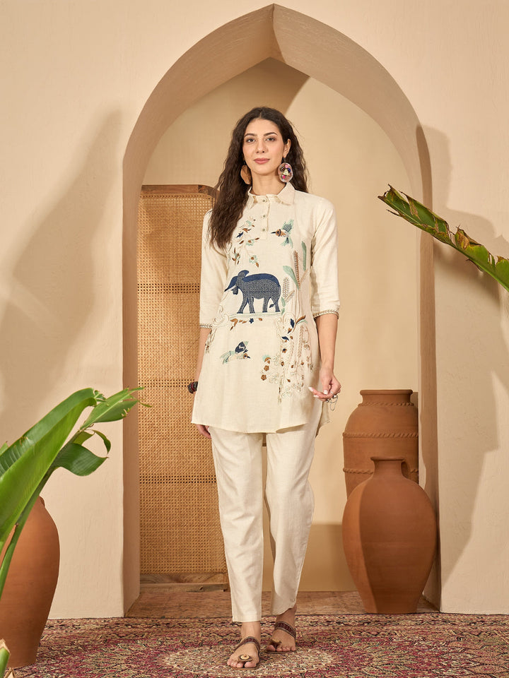 Solid &amp; Embroidered Cotton Flex Co-Ord Set