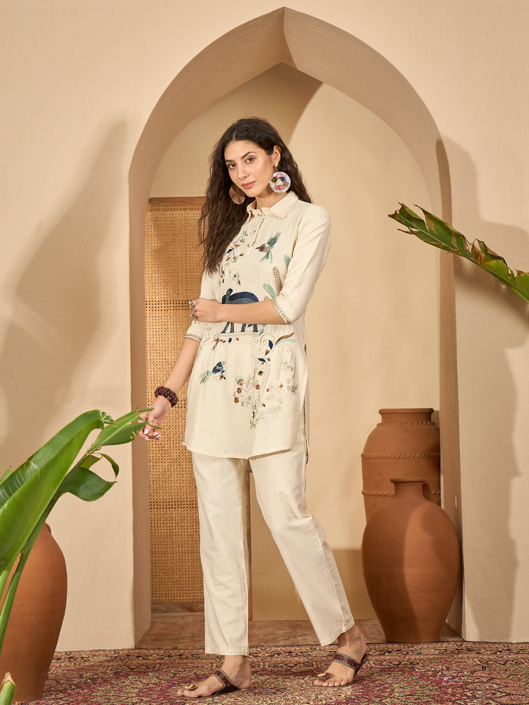 Solid &amp; Embroidered Cotton Flex Co-Ord Set
