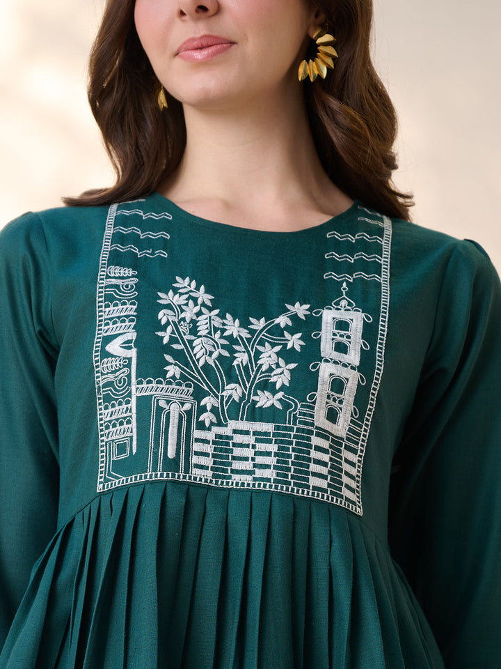 Green Solid &amp; Embroidered Cotton Blend Co-Ord Set