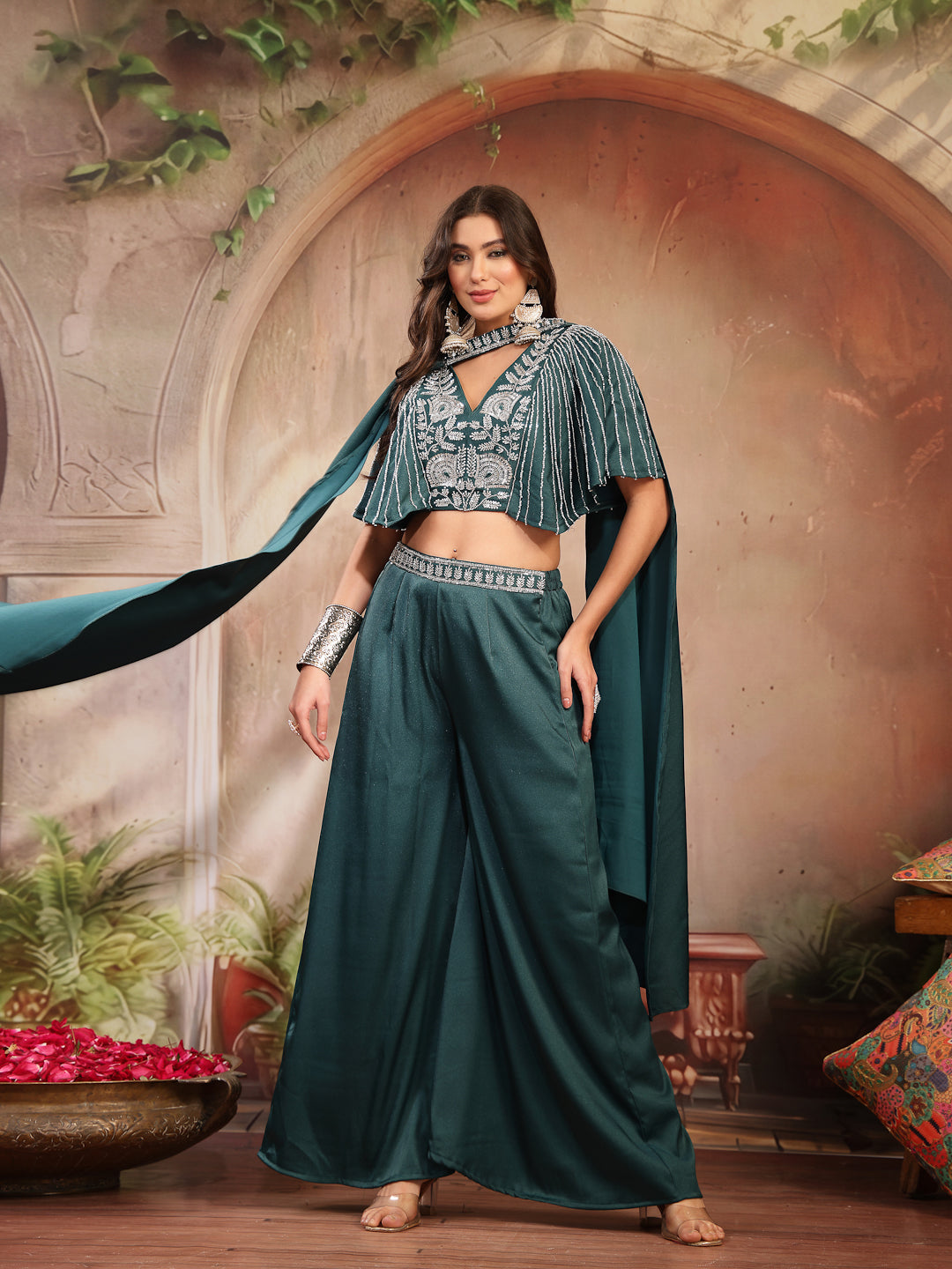 Solid &amp; Embroidered Poly Georgette Co-Ord&