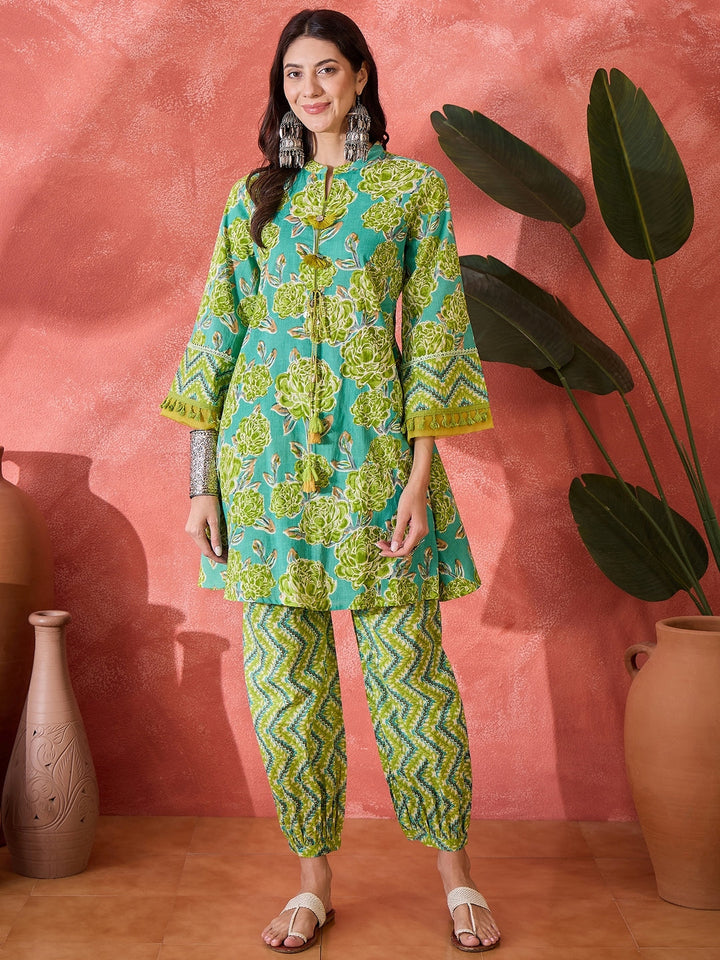 Green Floral Printed Cotton Co-Ord Set