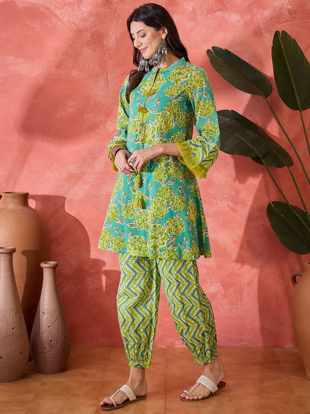 Green Floral Printed Cotton Co-Ord Set