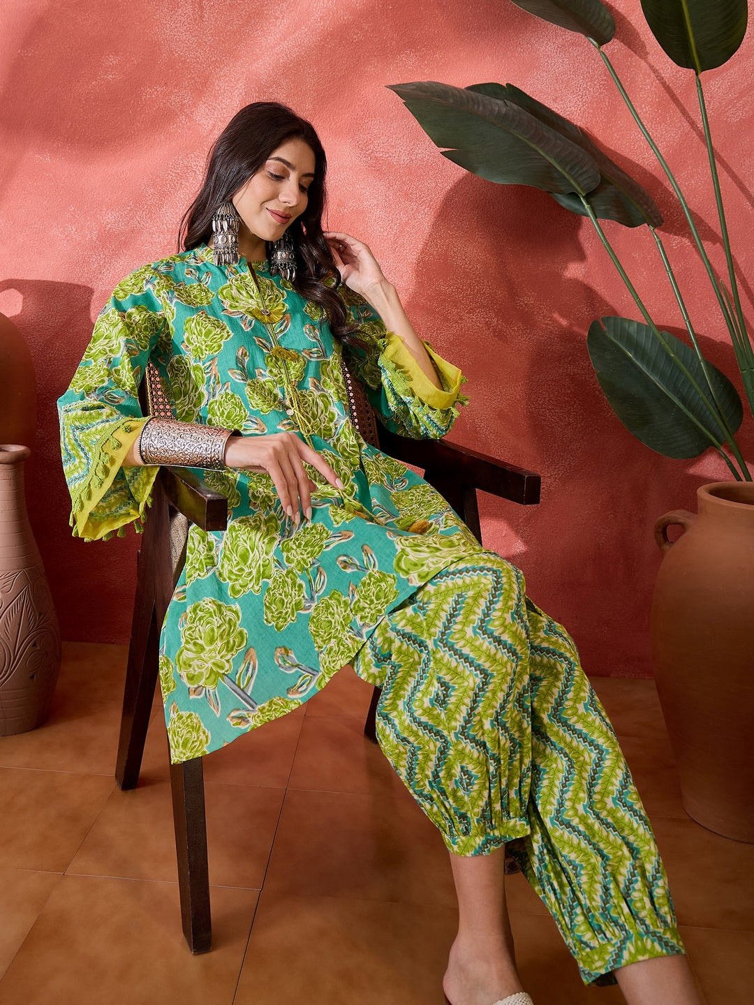 Green Floral Printed Cotton Co-Ord Set