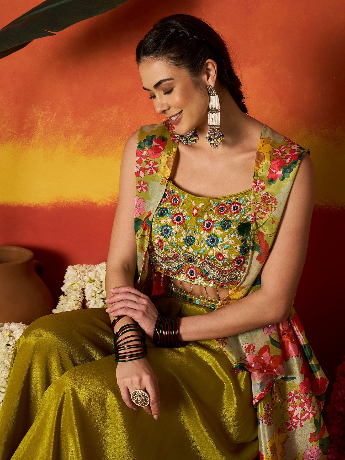 Floral Printed & Embroidered Chinon Co-Ord Set
