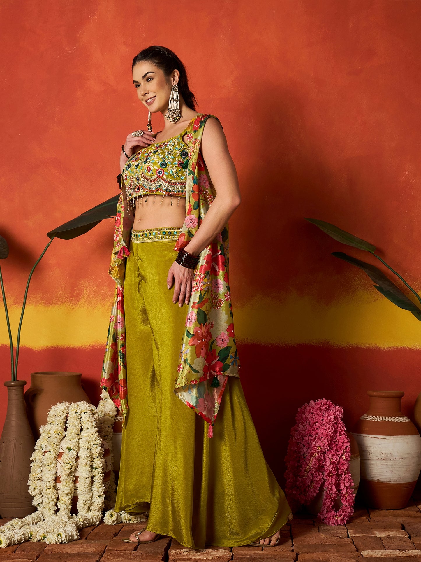 Floral Printed & Embroidered Chinon Co-Ord Set
