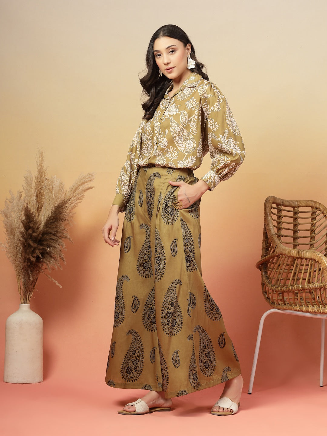 Green Paisley Print Rayon Co-Ord Set (Pre-Order)