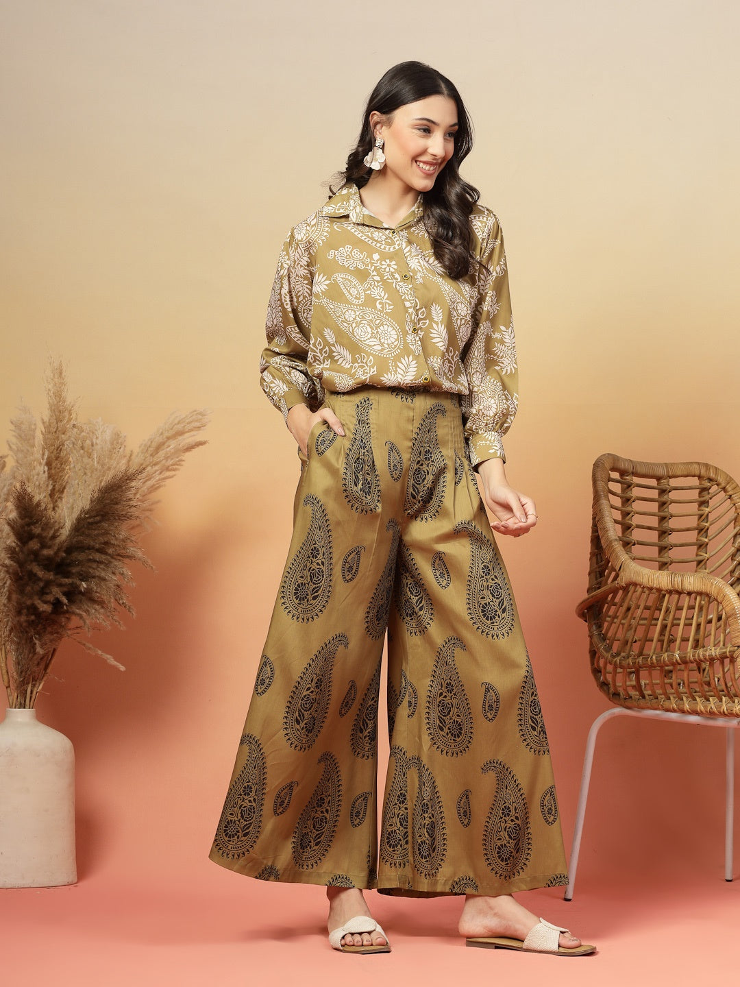 Green Paisley Print Rayon Co-Ord Set (Pre-Order)