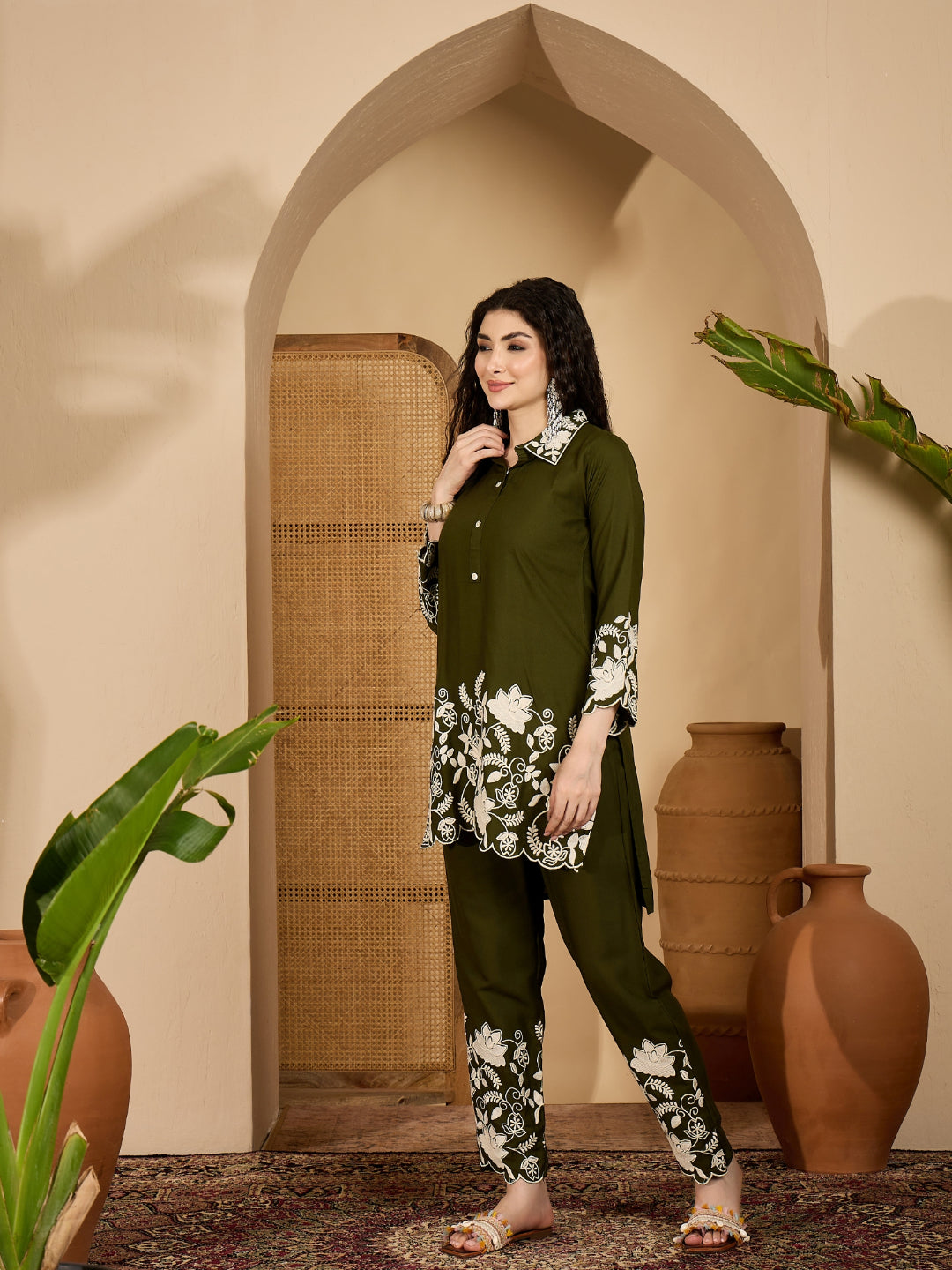 Solid &amp; Embroidered Rayon Co-Ord Set