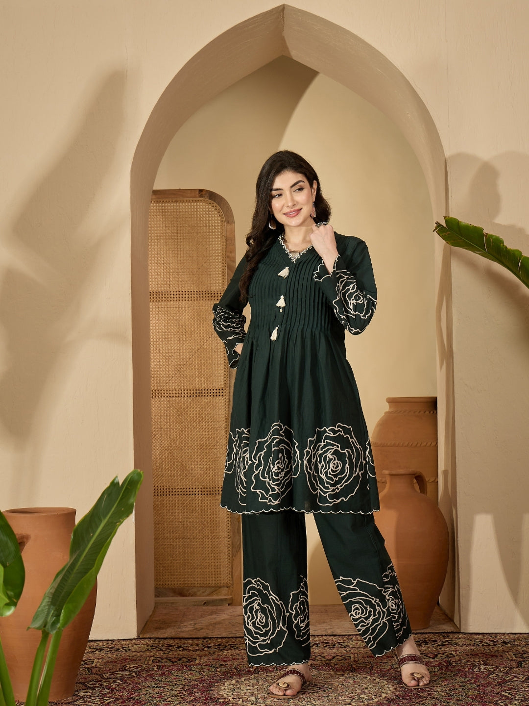 Women's Green Floral Printed & Embroidered Cotton Co-Ord Set