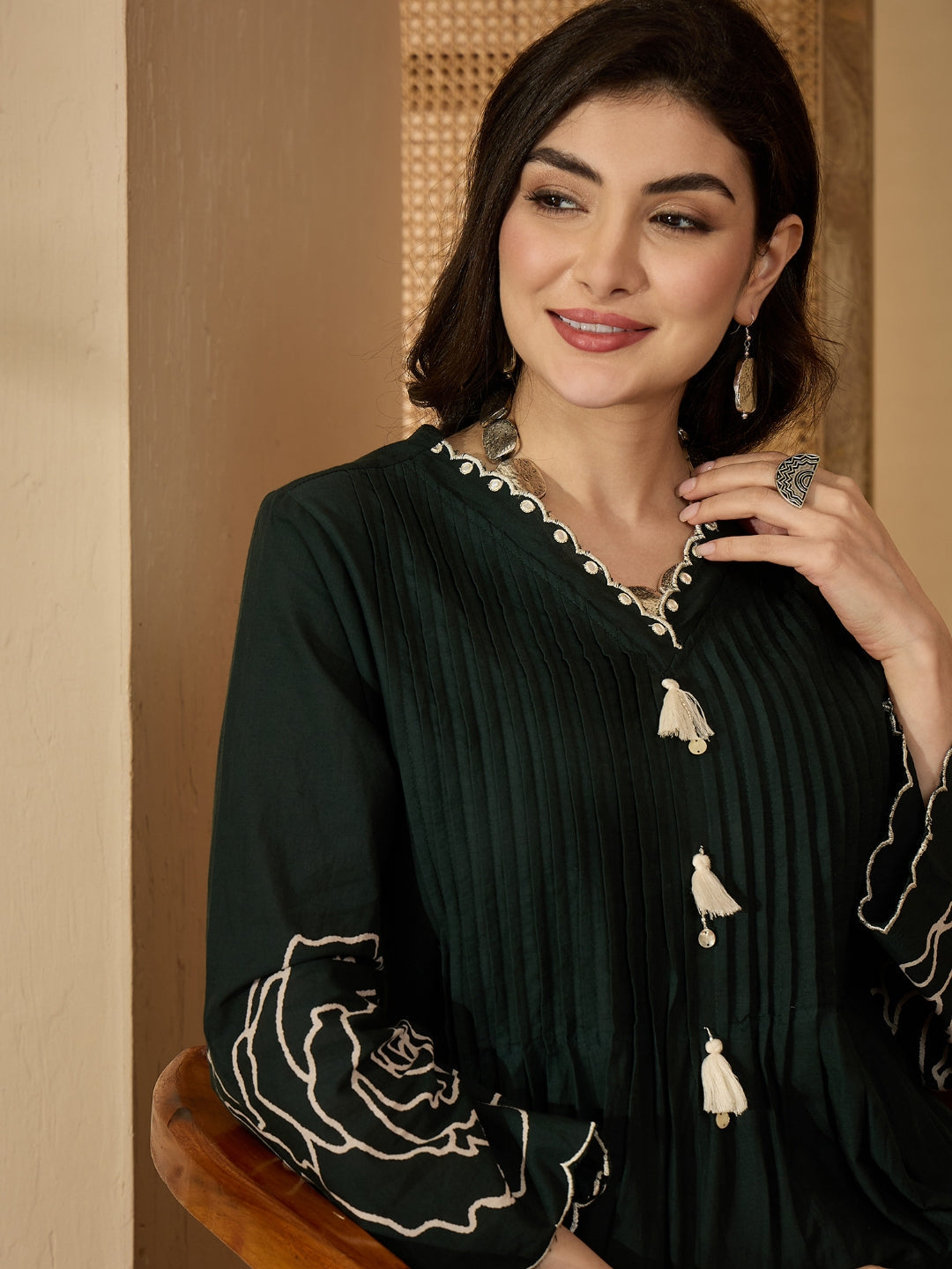 Women's Green Floral Printed & Embroidered Cotton Co-Ord Set