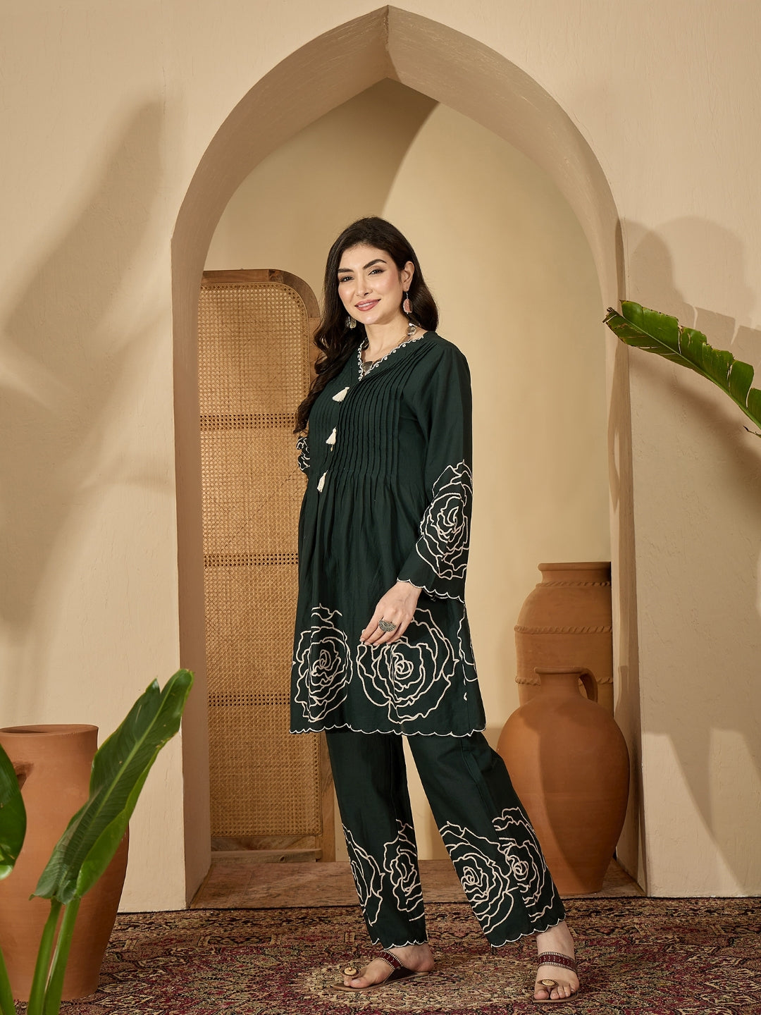 Women's Green Floral Printed & Embroidered Cotton Co-Ord Set