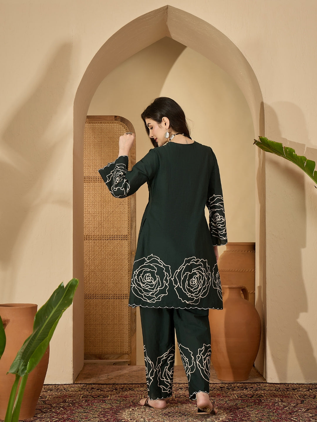 Women's Green Floral Printed & Embroidered Cotton Co-Ord Set