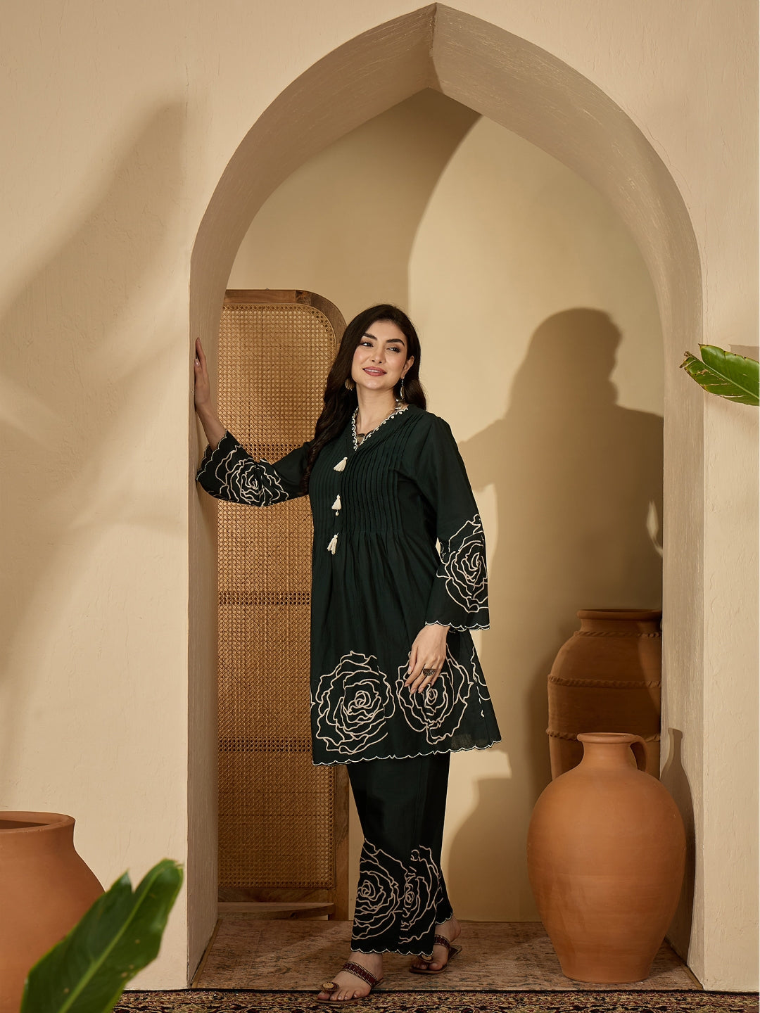 Women's Green Floral Printed & Embroidered Cotton Co-Ord Set